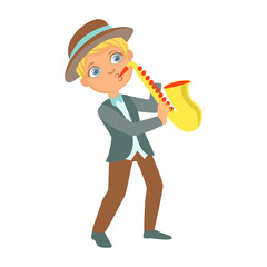 Sticker - Boy Playing Jazz On Saxophone, Kid Performing On Stage, School Showcase Participant With Musical Artistic Talent