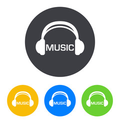 Icono plano auriculares con texto MUSIC en circulo varios colores