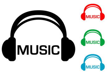 Icono plano auriculares con texto MUSIC varios colores