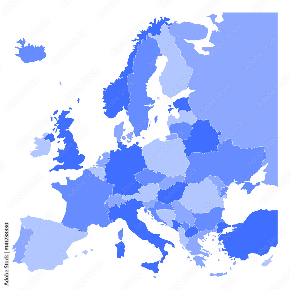 Political map of Europe in four shades of blue on white background ...