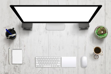 Poster - Creative desk with isolated computer monitor for design presentation. Free space in middle for text. Blank pad and pencil beside. Keyboard and mouse. Coffee, pencils and plant.