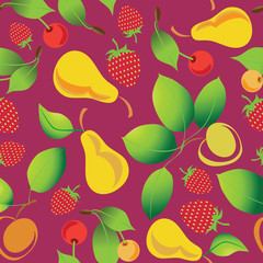 Wall Mural - Ripe berries and fruits. Seamless pattern on maroon background. Design for textile, background theme site, poster. Design for food industry, farm products. The concept for the packaging.