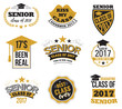 The set of black and gold colored senior text signs with the Graduation Cap, ribbon vector illustration. Class of 2017 grunge badges on white background.
