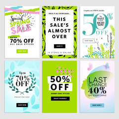 Spring mobile sale banners collection. Vector illustrations of online shopping website and mobile website banners, posters, newsletter designs, ads, coupons, social media banners.