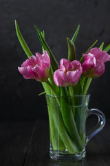 Wall Mural - Fresh pink tulip flowers bouquet in a glass jar on dark background