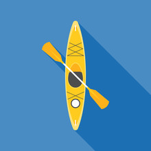 Yellow Kayak With Paddle, Flat Design Vector With Long Shadow