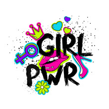 Cartoon Girl Power Feminist Slogan.
