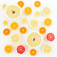Lemon, Orange, Mandarin, Grapefruit, Sweetie And Pomelo On White Background. Flat Lay, Top View. Fruit Background