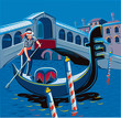 Night in a gondola on the Grand Canal in Venice. In the background the Rialto bridge.