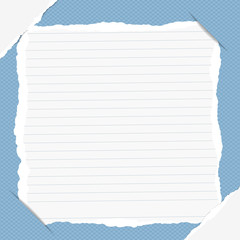Poster - Torn ruled note, copybook, notebook sheet inserted into blue squared background with white ripped paper in corners