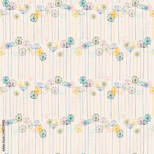 Naklejka na meble Vector floral seamless pattern with hand drawn stylized dill or fennel and dandelions flowers.Thin delicate lines silhouettes in pastel colors on white background 