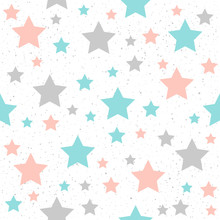 Soft Pastel Star Seamless Background. Grey, Pink And Blue Star.