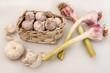 Tibetan garlic in a basket of garlic leaves  and fresh garlic