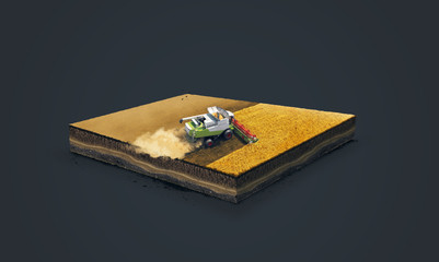 3d illustration of a soil slice, combine wheat harvesting on wheat field isolated on dark background