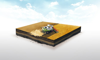 3d illustration of a soil slice, combine wheat harvesting on wheat field isolated on white backgroun