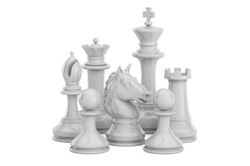Poster - White chess figures, 3D rendering
