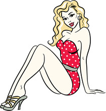 Retro 1950s Pinup Girl Sitting In A Vintage Swimsuit