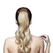Blonde woman from back side with long hair in ponytail