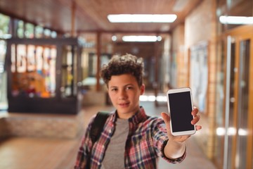 Wall Mural - Schoolboy standing showing mobile phone