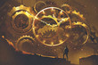 man standing in front of the big golden clockwork,illustration painting