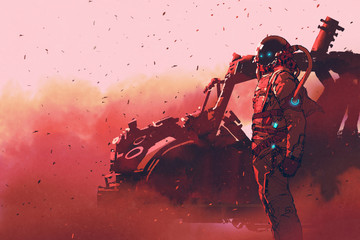 Plakat red astronaut standing near futuristic vehicle on mars planet,illustration painting