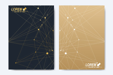 Aufkleber - Vector template for brochure, Leaflet, flyer, advert, cover, catalog, magazine or annual report. Geometric background molecule and communication. Golden cybernetic dots. Lines plexus. Card surface.