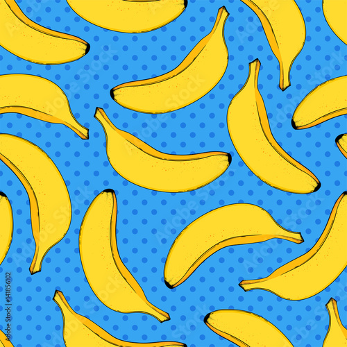Seamless Pattern With Banana On Blue Pop Art Background Vector