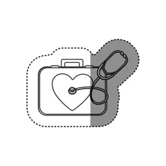 Sticker - sticker of monochrome silhouette with first aid kit with symbol of heart and stethoscope vector illustration