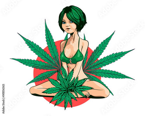 Obraz w ramie Bikini girl with cannabis leafs. Vector image