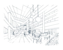 Modern Interior Shopping Center, Mall. Contour Sketch Illustration With Food Court.