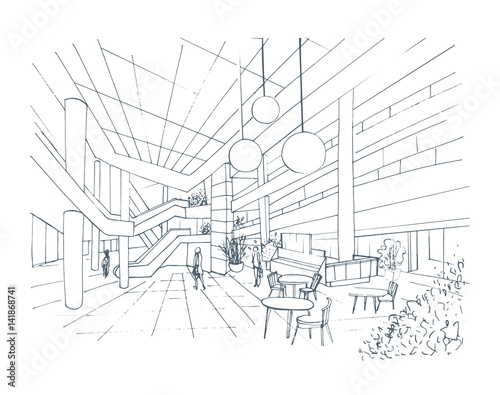 Modern interior shopping center, mall. Contour sketch illustration ... Modern interior shopping center, mall. Contour sketch illustration ...