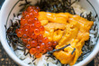 Japanese dish of salmon roe and urchin eggs with rice