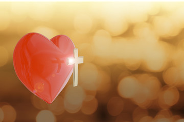 3D rendering of heart with golden cross on abstract background with copy space