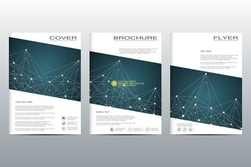 Set of business templates for brochure, flyer, cover magazine in A4 size. Structure molecule DNA and neurons. Geometric abstract background. Medicine, science, technology. Scalable vector graphics.