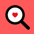 Magnifying glass and red heart as metaphor of searching and finding of love. Seeking for romantic partner and significant other through dating agency
