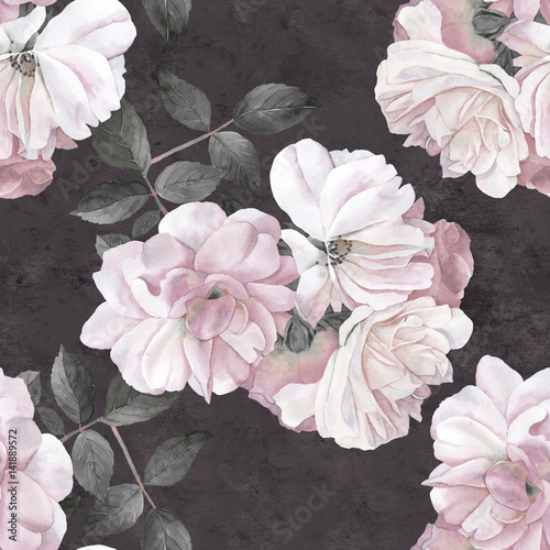 Nowoczesny obraz na płótnie Roses flower watercolor dark seamless pattern