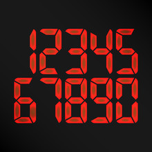 Digital Glowing Numbers Vector. Red Numbers On Black Background. Etro Clock, Count, LCD Display And Electronics