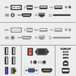 © plinsboorg - Laptop and PC connectors icons set. Power supply, USB, Ethernet, SD, HDMI, audio and video sockets. computer peripherals in flat design