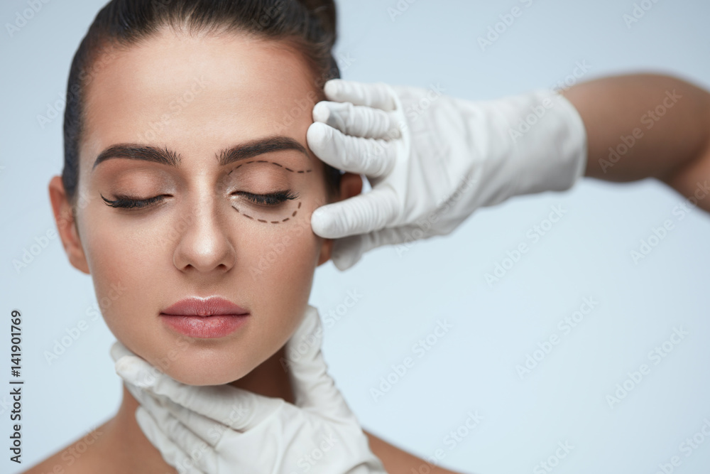 Closeup Of Beautician Hands Touching Young Female Patient Face - obrazy, fototapety, plakaty 