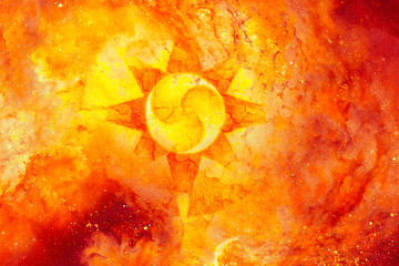 Poster - symbolic solar motive on abstract fire cosmic backgrond.