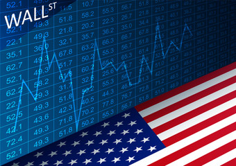 Poster - Stock exchange chart and american flag. Data analyzing in trading market on Wall Street.