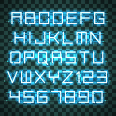 Wall Mural - glowing azure neon alphabet with letters from a to z and digits from 0 to 9 with wires, tubes, brack