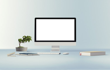 Wall Mural - desktop with blank white computer screen. mock up