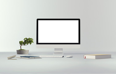 Wall Mural - desktop with blank white computer screen. mock up