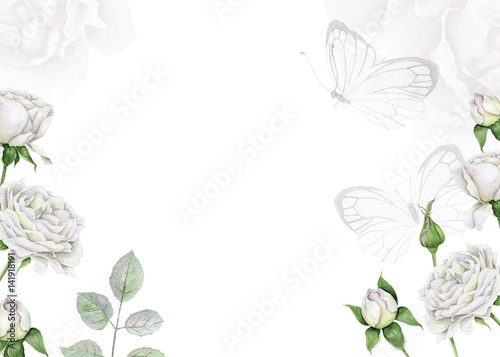 Foto-Schiebegardine Komplettsystem - Watercolor floral frame with white roses (von evakaterina)