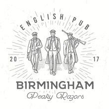 Retro Peaky Logo. Men In Hats With Blinders Illustration. Gangsters Vintage Poster. English Pub Insignia. Birmingham Gang Vector Design