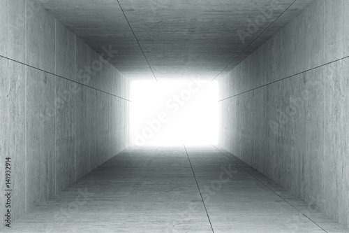Plakat 3d rendering: ilustracja abstrakta kwadrata cementu betonowy tunelowy wnętrze, światło przy końcówką tunel, iść sukcesu pojęcie, abstrakcjonistyczny tunelowy tło