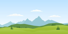 Vector Illustration: Summer Mountains Landscape With Pines And Hills.