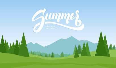 Wall Mural - Vector illustration. Mountains landscape with hand lettering of Summer and pines on foreground.