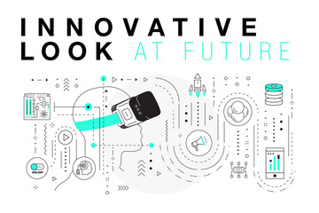 Poster - Trendy Innovation systems layouts in polygonal contour line composition, future analysis and technology operations. Made in awesome geometry style with linear pictogram of future for web design.